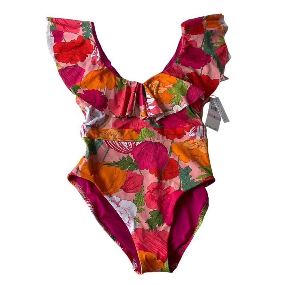 TRINA TURK Ruffle Bathing Suit One Piece Floral Mulberry Womens Size 6 New